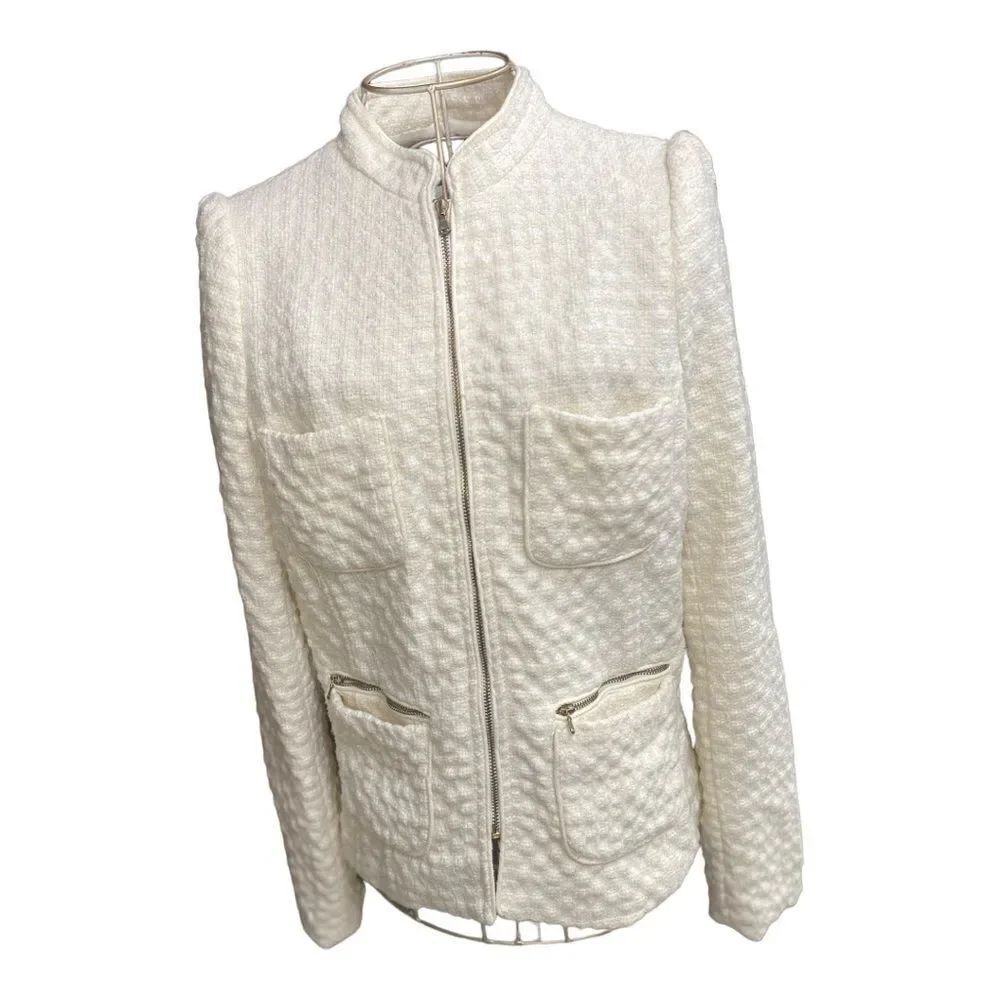 Zara Wool Blend Zip Front Textured Blazer Medium Winter White